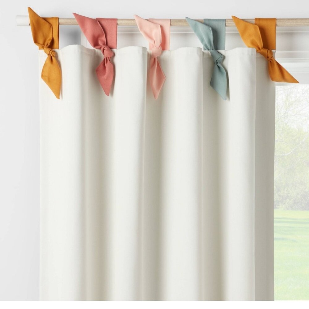 42"W x 84"L Tie Top Embellished Kids' Blackout Window Curtain Panel White w/ Tie